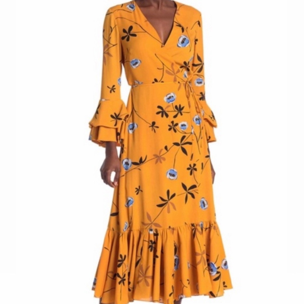 Diane Von Furstenberg DVF Luxury Designer Yellow Floral Wrap Midi Dress NWT S - Picture 2 of 6